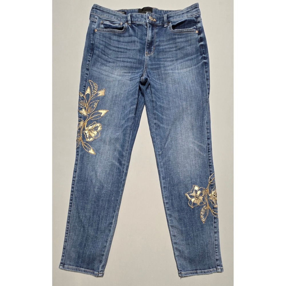 WHBM Jeans Mid-Rise Girlfriend Women 6 Blue Embroidered Floral Gold